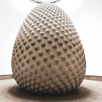 a view of the seed sculpture which is egg shaped with raised dots